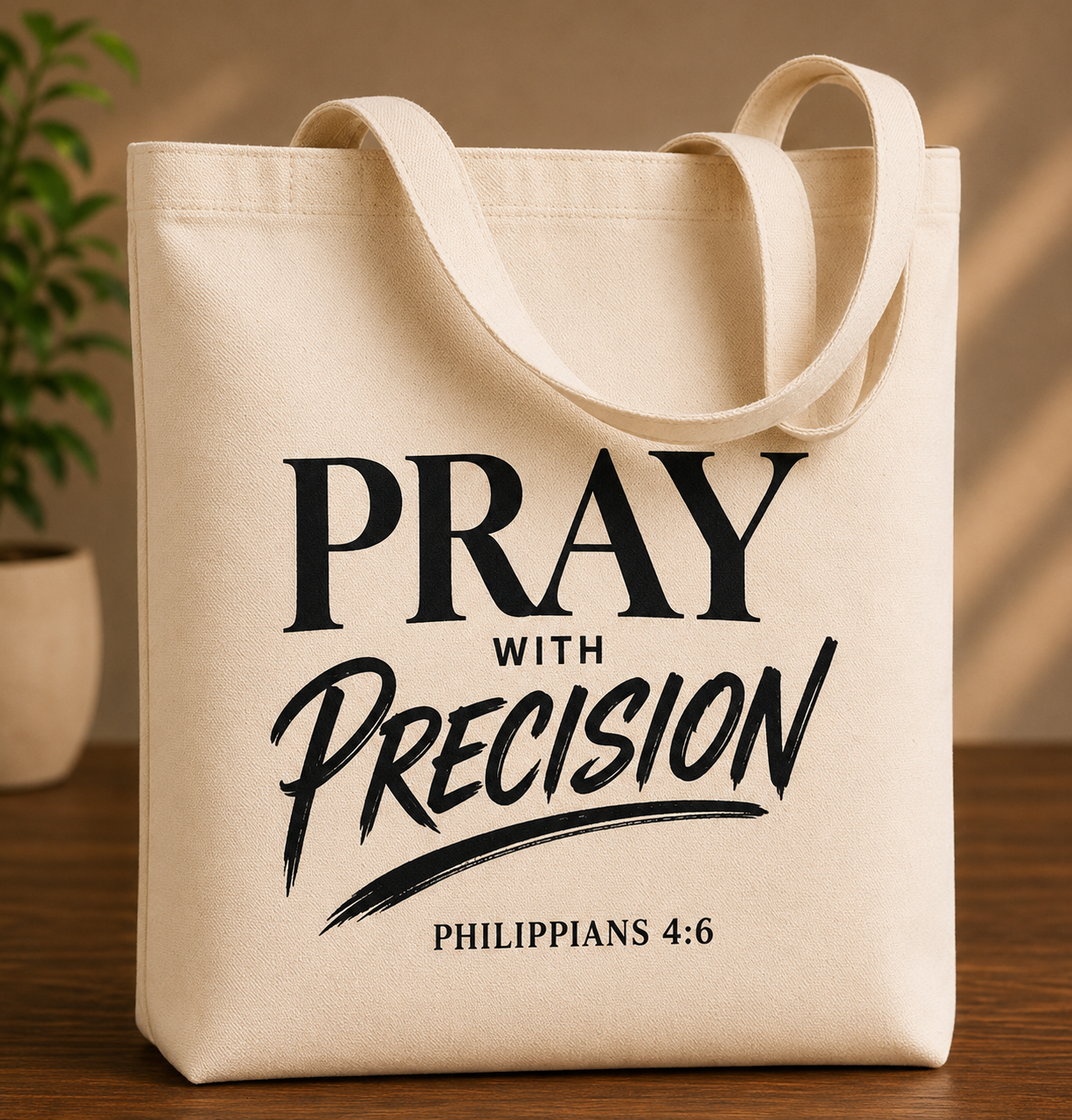 Pray With Precision Tote Bag – Philippians 4:6 Natural Black
